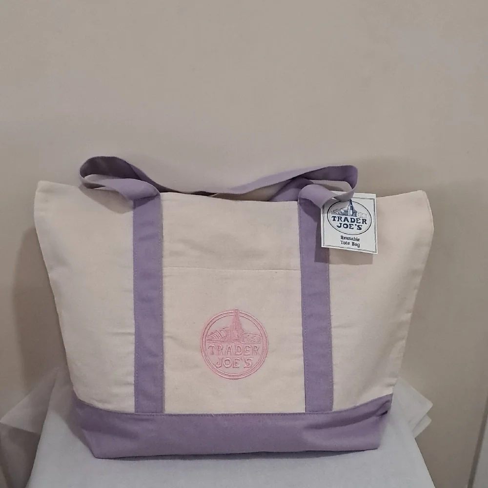 Trader Joe's Lavender and Cream Large Canvas Tote Bag - Picture 2 of 3